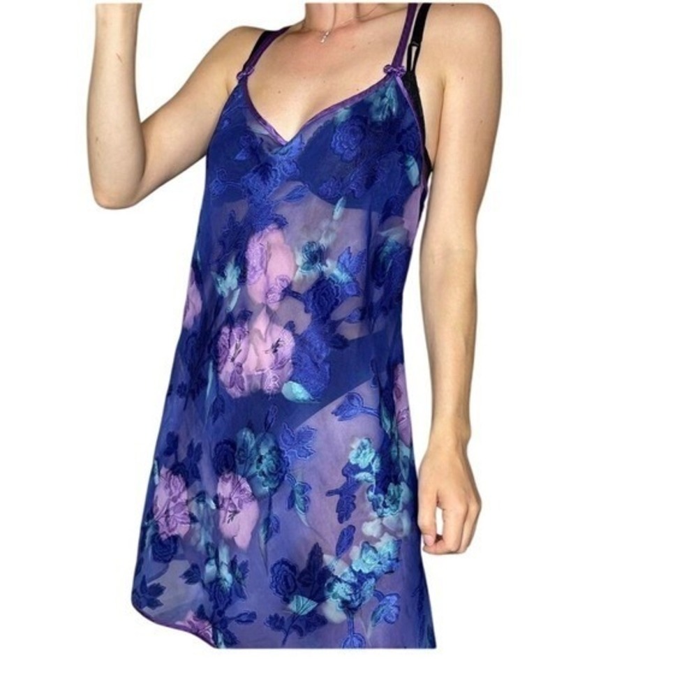 California Dynasty Floral Mesh Slip Dress Women Medium Purple Blue 001775
